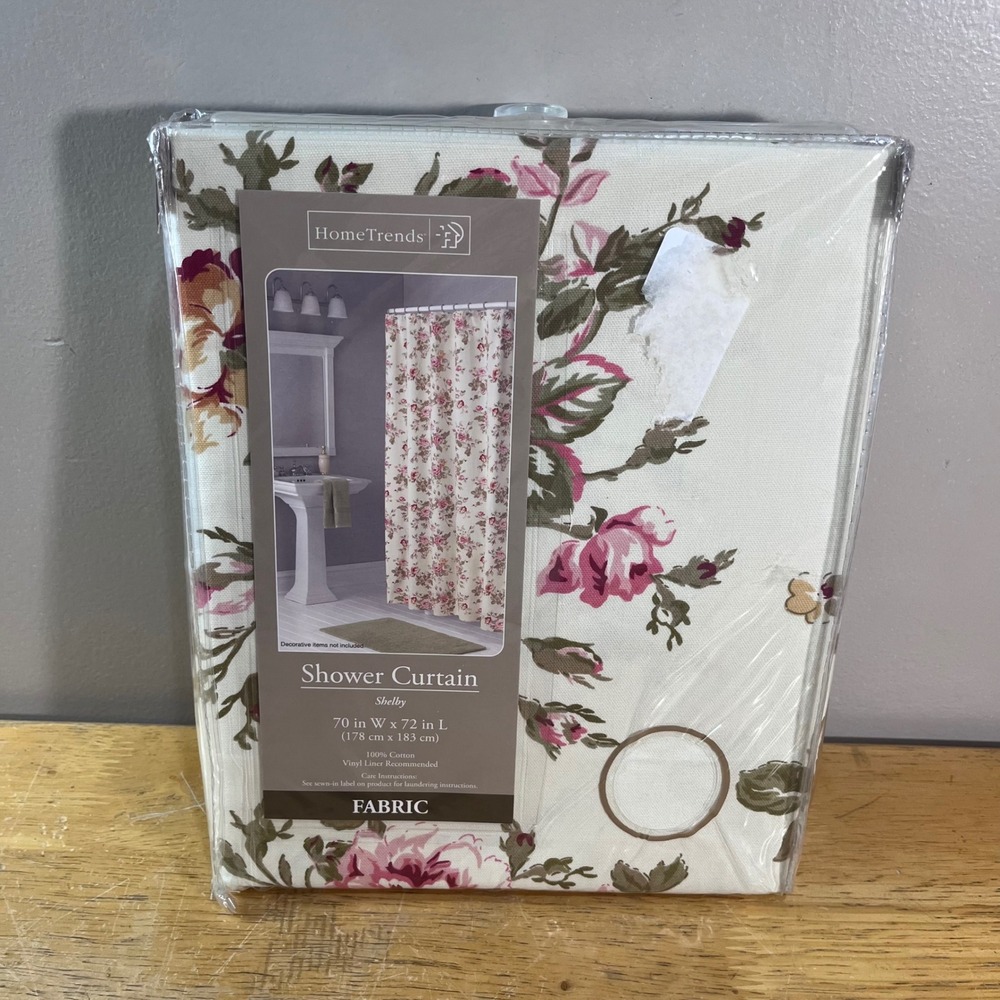HomeTrends Shelby Floral Rose Cotton Shower Curtain Pink Cream Vtg Style 70x72